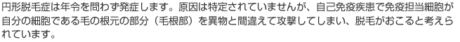 円形脱毛症は年令を問わず発症します。原因は特定されていませんが、自己免疫疾患で免疫担当細胞が自分の細胞である毛の根元の部分（毛根部）を異物と間違えて攻撃してしまい、脱毛がおこると考えられています。